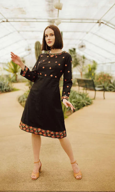 D1102 Black Cotton Full Sleevels Midi Dress with Embroidery