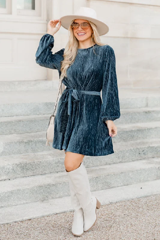 In Due Time Slate Blue Textured Velvet Belted Mini Dress