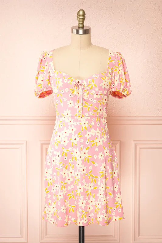 Olga | Short Pink Floral Dress w/ Puffy Sleeves