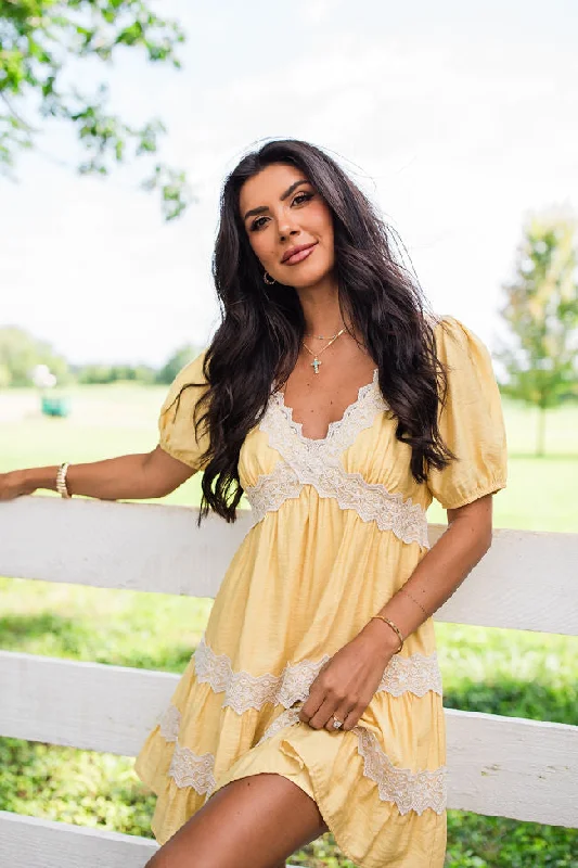 Savor This Feeling Mustard Lace Trim Mini Dress