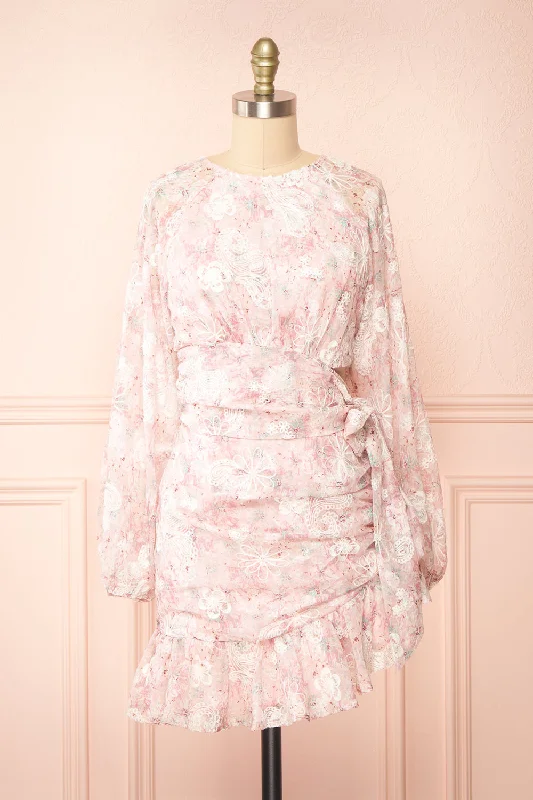 Shaune | Short Pink Floral Dress w/ Long Sleeves