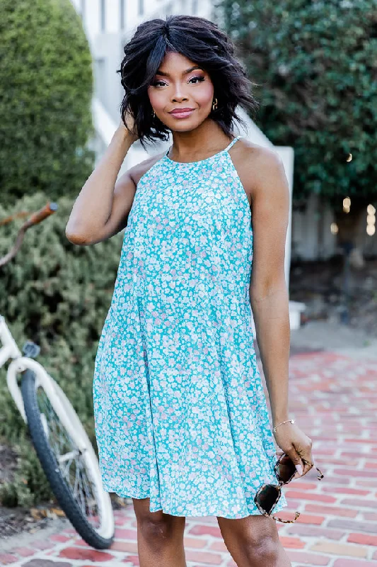 Skies Above Me Floral Teal Halter Mini Dress FINAL SALE