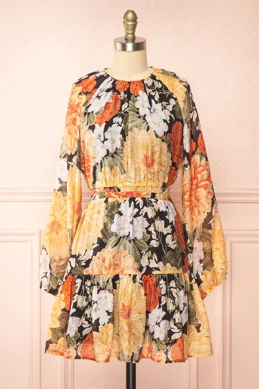 Zelaraine | Short Floral Dress w/ Long Sleeves