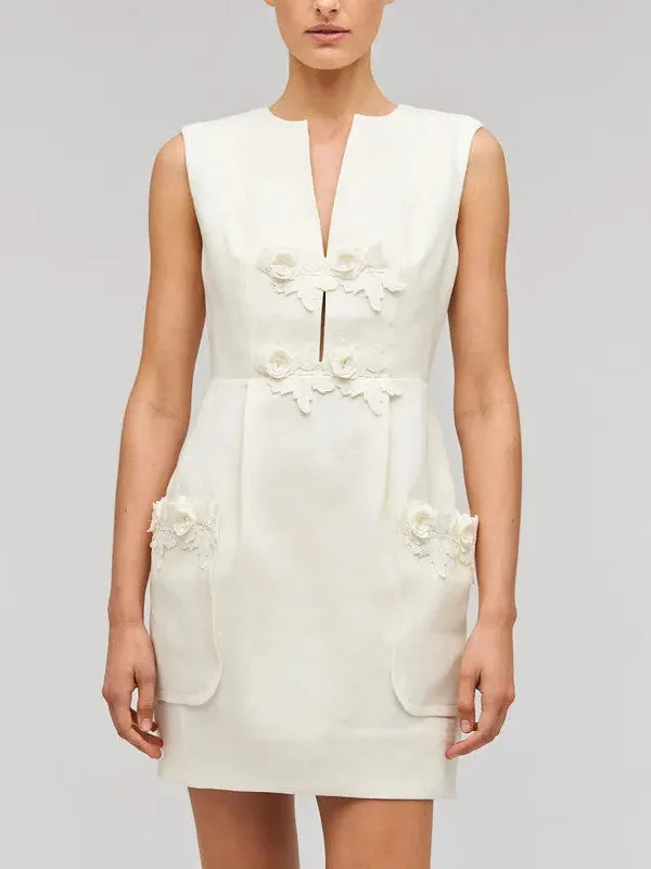 3D Flower Applique Linen Mini Dress in Cream