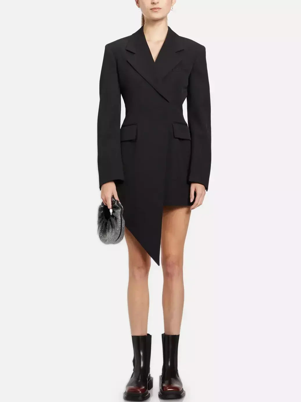 Asymmetrical Black Wool-Blend Blazer Mini Dress