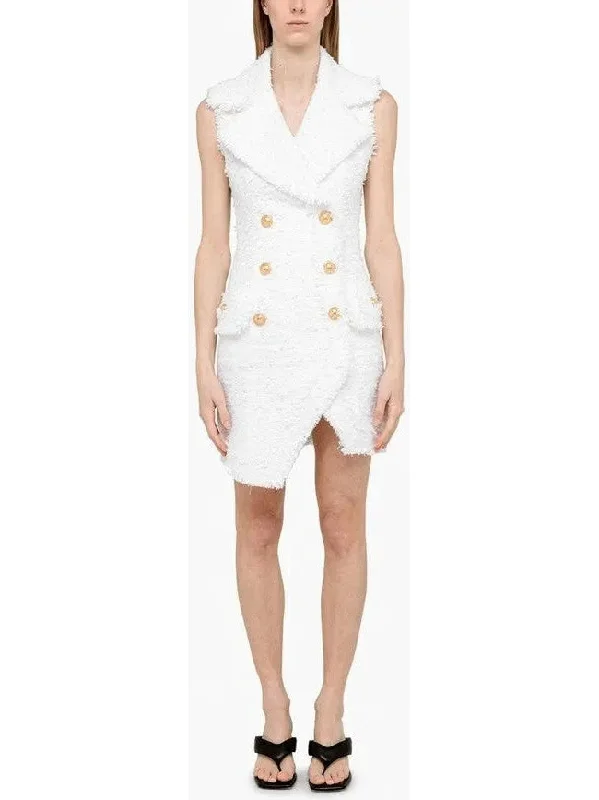 Asymmetrical Tweed Mini Dress, White