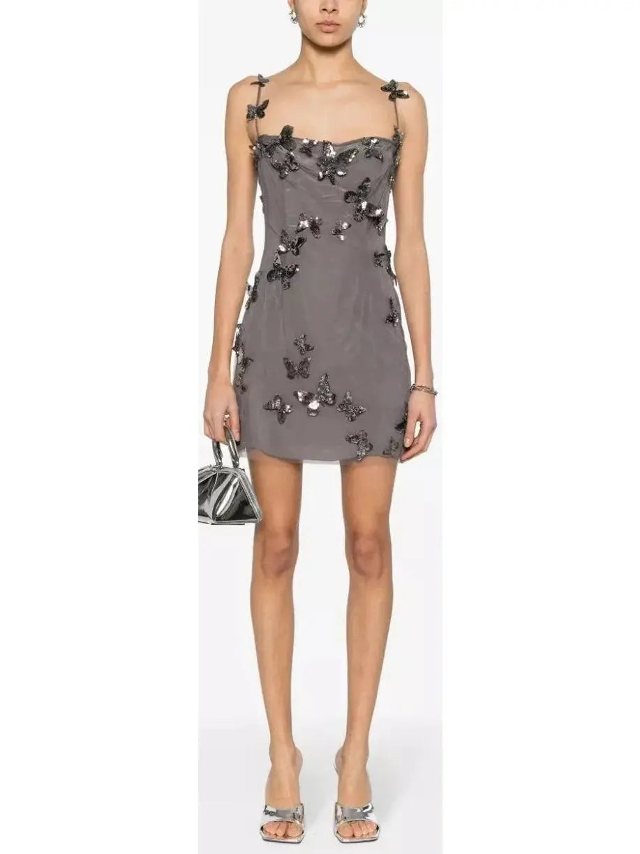 Backless Butterfly-Sequin-Applique Mesh-Overlay Mini Dress