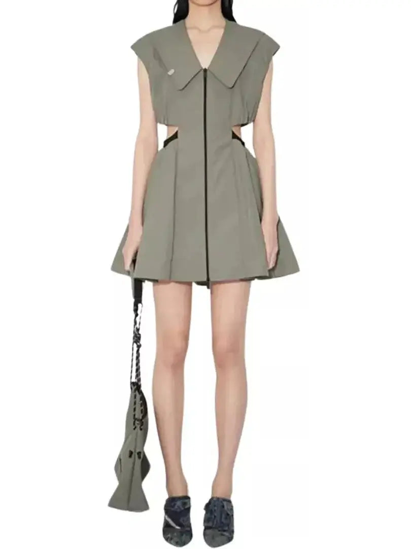 Backless Cut-Out Olive Green Flared Mini Dress