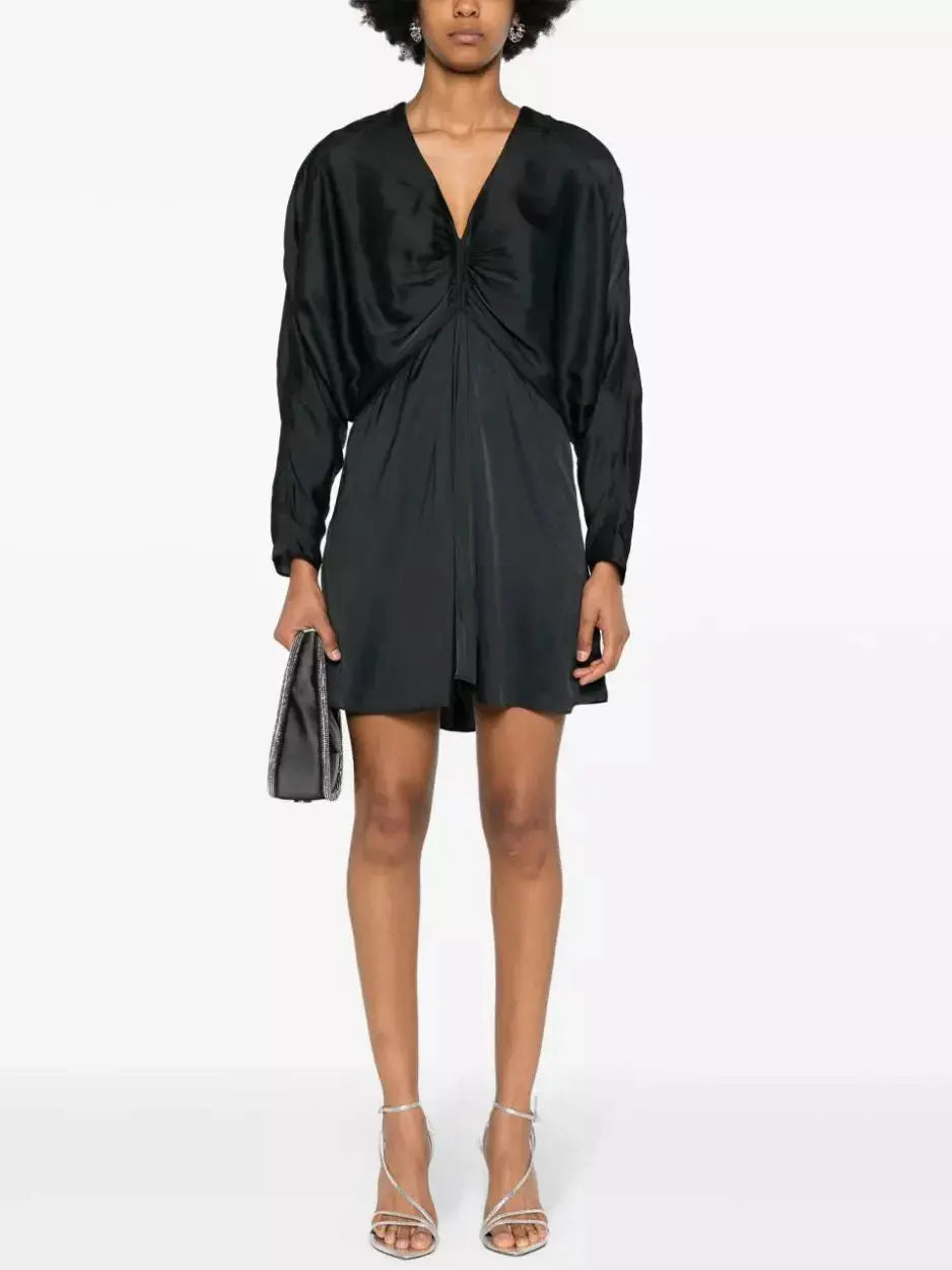 Batwing Black Satin Draped Mini Dress