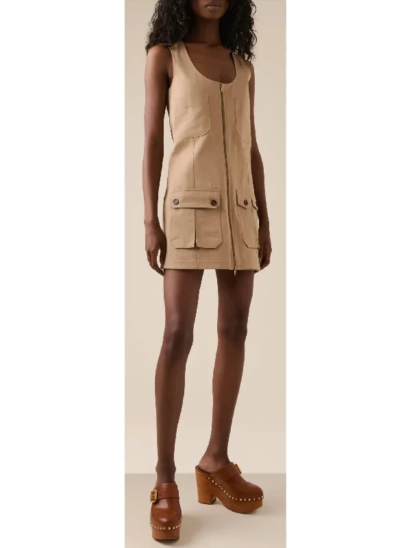 Beige Zipped Utility Cotton Cargo Mini Dress