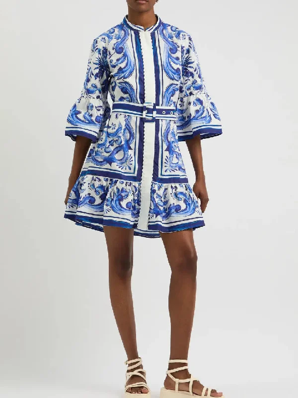 Belted Blue and White Tile Printed Flared Mini Dress