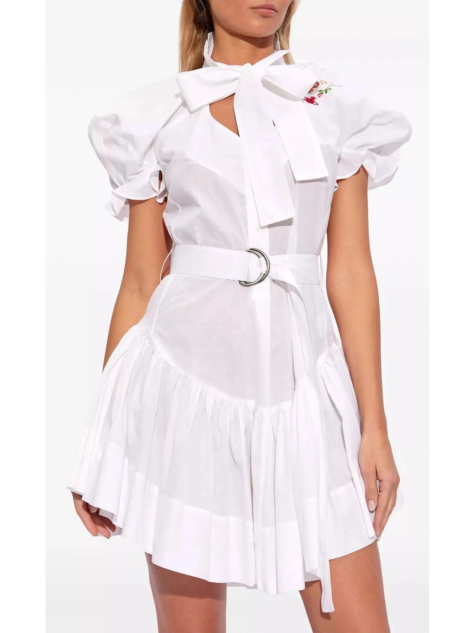 Belted Floral-Embroidered White Cotton Mini Dress