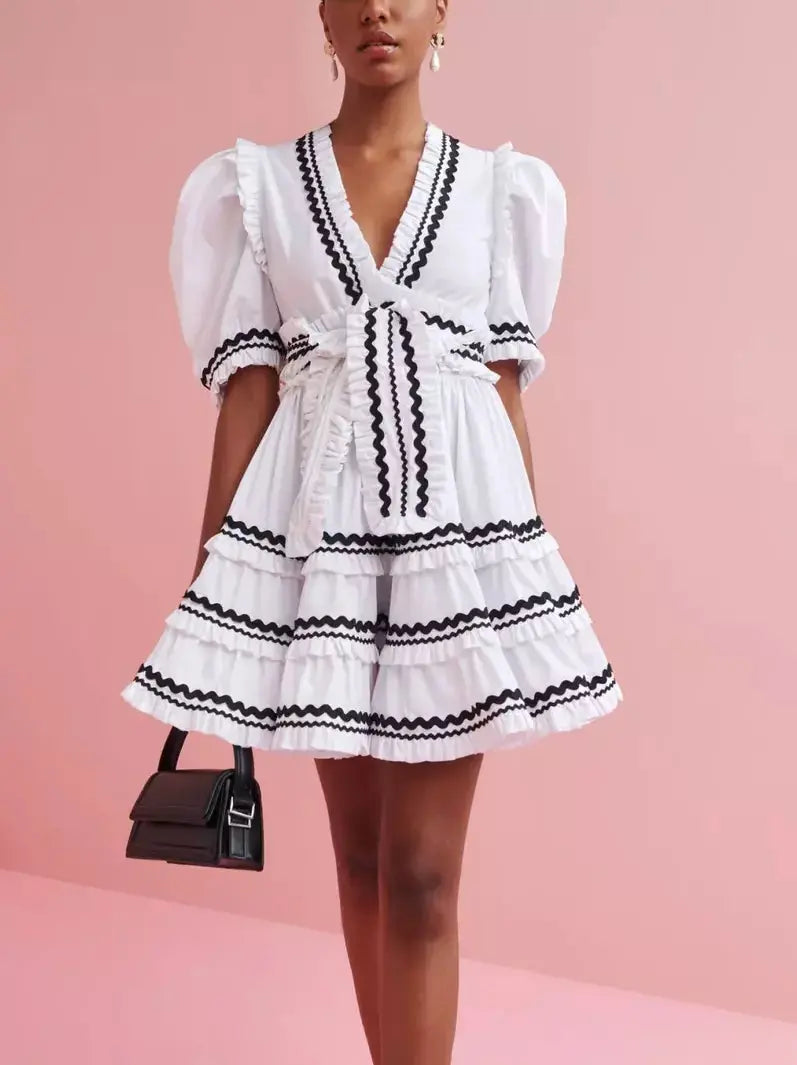 Belted V-Neck A-Line Mini Dress in White and Black