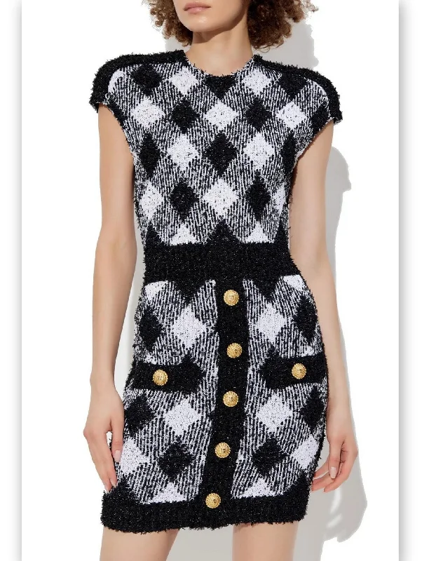 Black and White Diamond-Pattern Knit Mini Dress