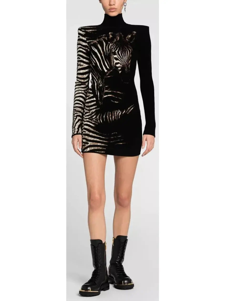 Black and White Zebra Jacquard Mini Dress