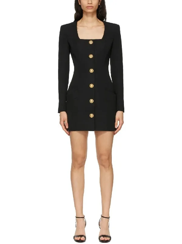 Black Buttoned Square-Neck Mini Dress