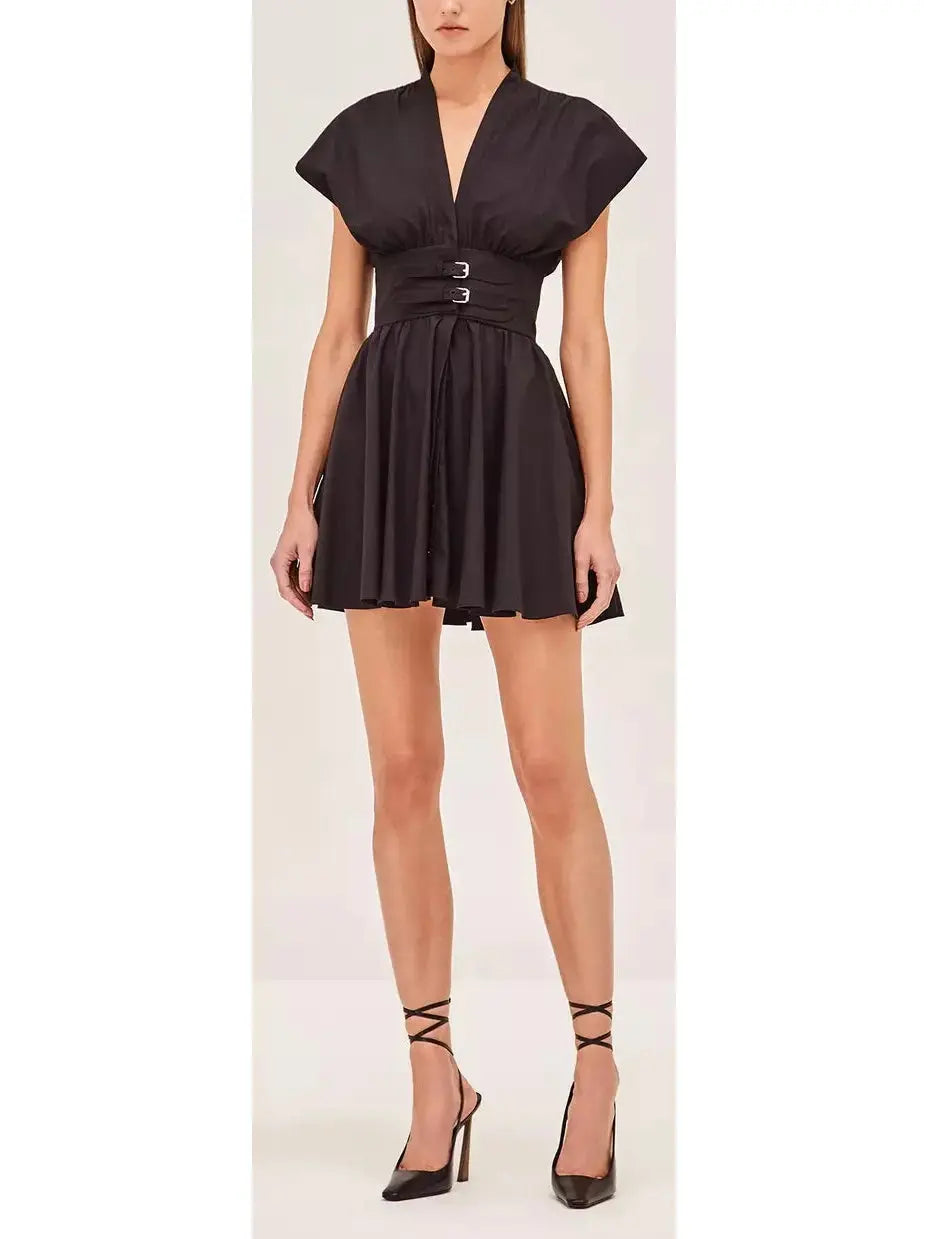 Black Concealed Button-Down V-Neck Double-Belted Mini Dress