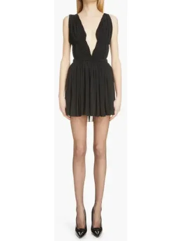 Black Pleated Open-Back Mini Dress