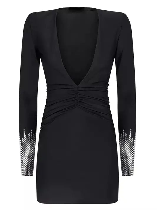 Black Plunge V-Neck Mini Dress with Embellished Sleeves