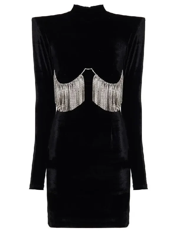 Black Velvet Crystal-Embellished Mini Dress