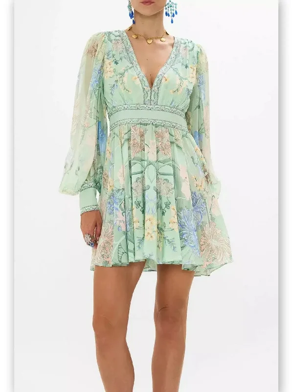 Blouson-Sleeve Printed Plunged V-Neck Silk Mini Dress in Mint