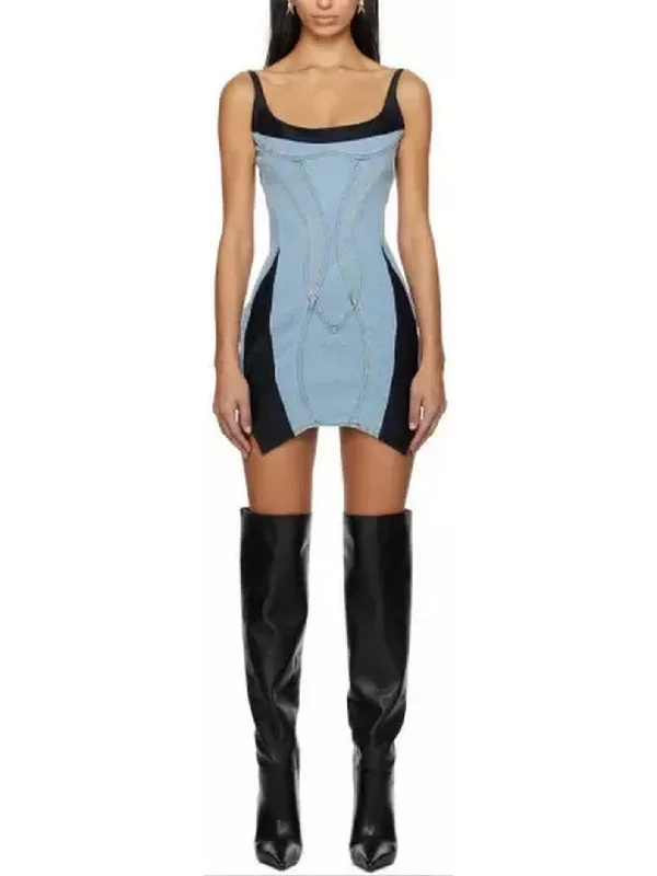 Blue & Black Paneled Denim Mini Dress