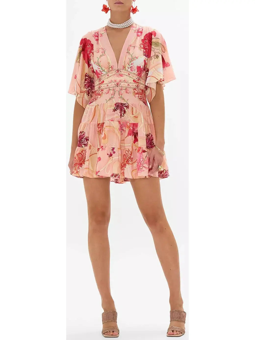 Blush Pink Floral-Printed Low-Cut Silk Mini Dress