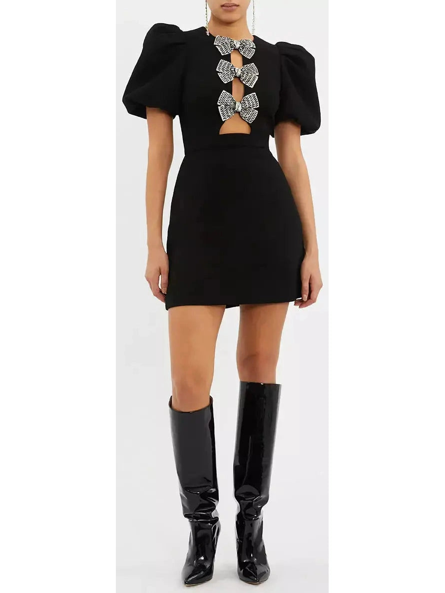 Bow-Embellished Black Mini Dress