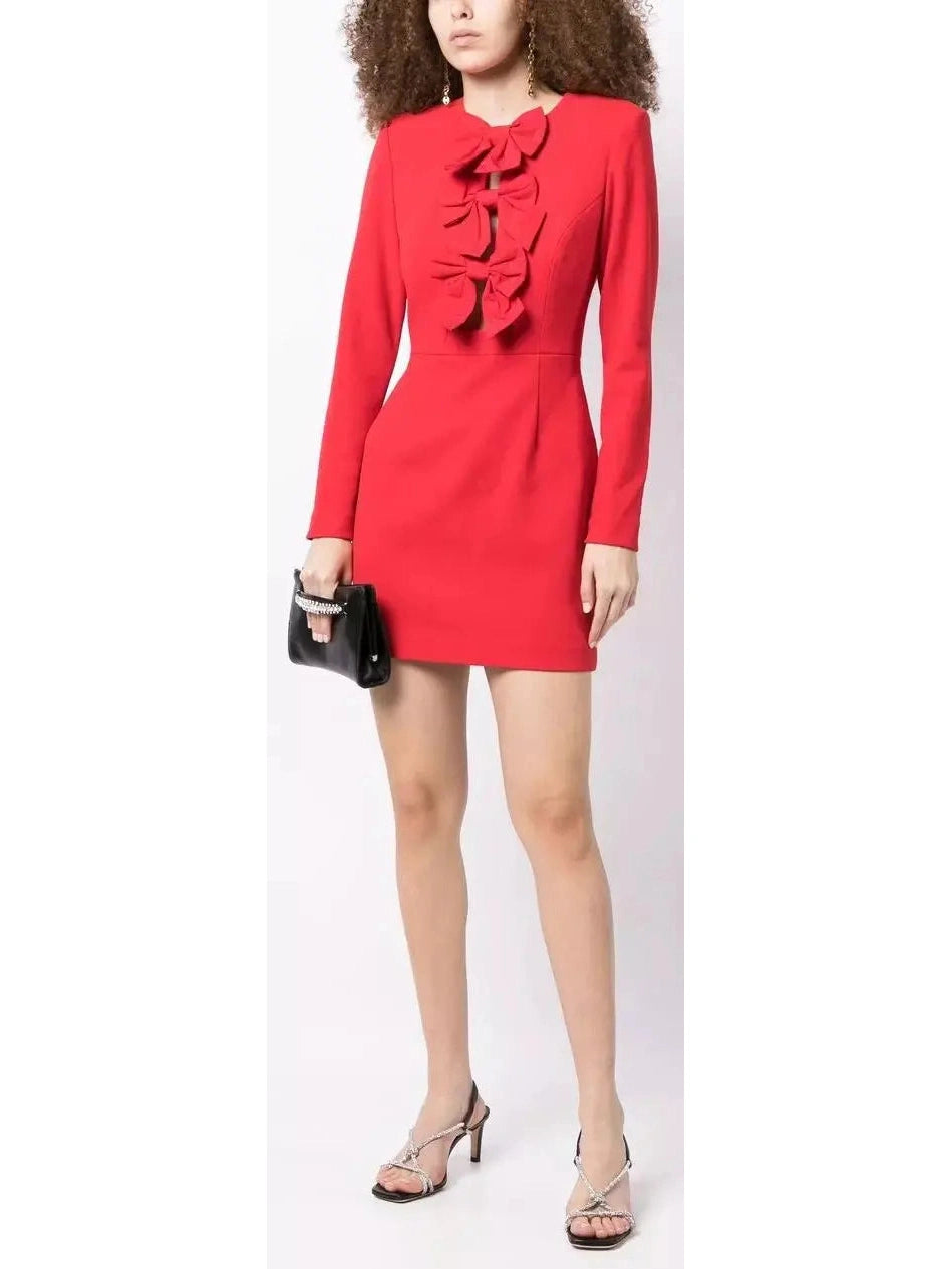 Bow-Embellished Scarlet Red Mini Dress