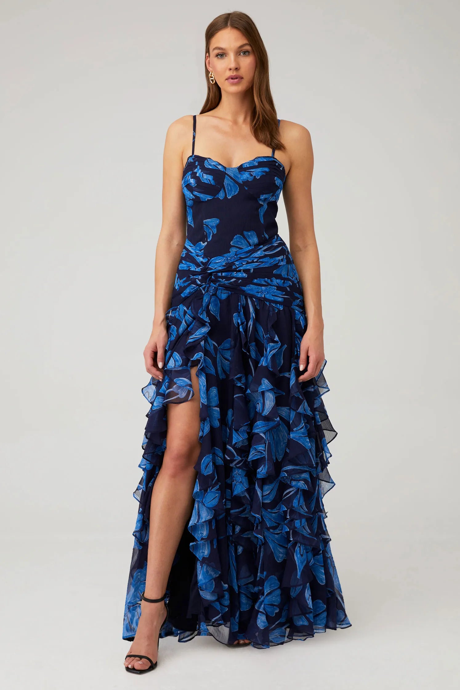 BUSTIER RUFFLE MAXI DRESS in Midnight