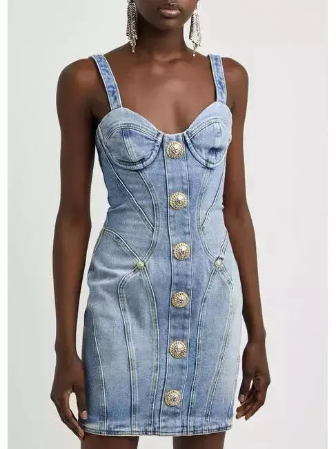 Button-Embellished Denim Mini Dress