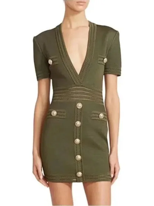 Button-Embellished V-Neck Mini Dress, Green