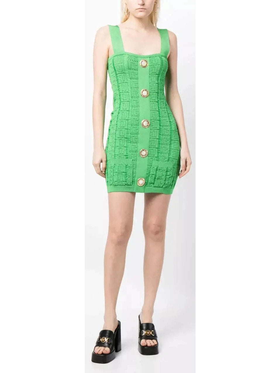 Buttoned Open-Knit Mini Dress, Green