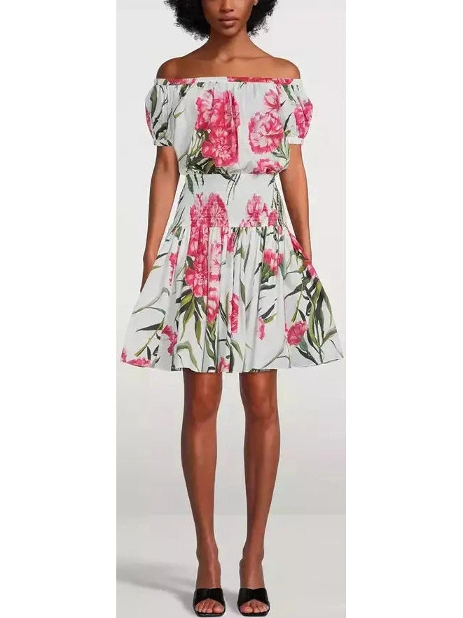 Carnation Print Off-The-Shoulder Mini Dress