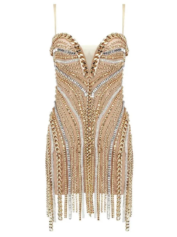 Chain and Crystal-Embellished Mesh Mini Dress