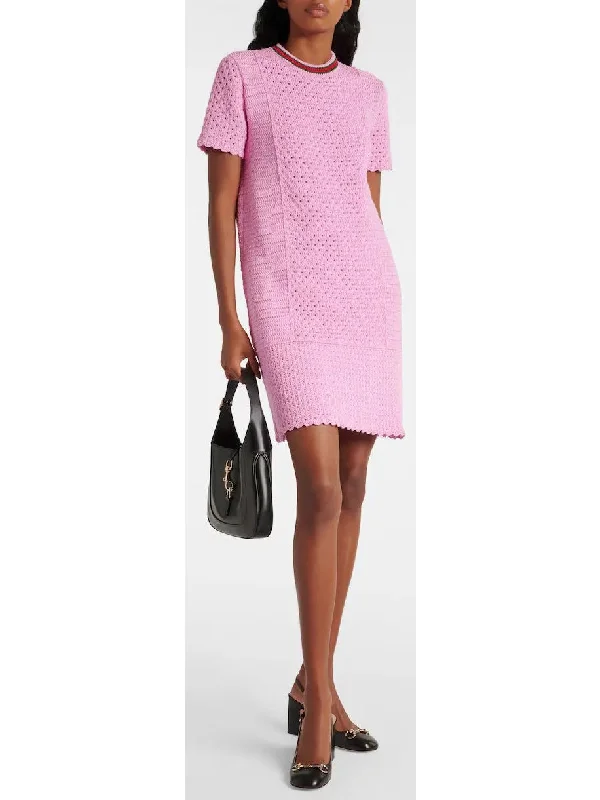 Cotton-Blend Open-Knit Pink Mini Dress