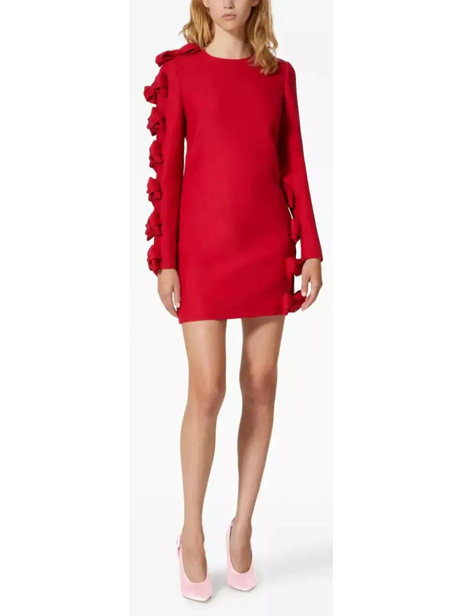 Crepe Couture Bow-Appliqué Mini Dress in Red