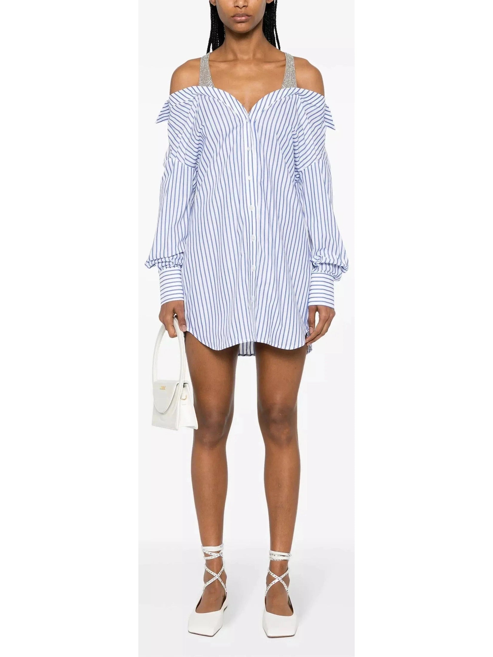 Crystal-Detailed Layered Striped Shirt Mini Dress