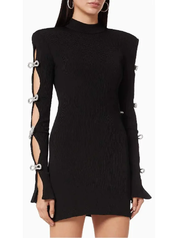 Crystal-Embellished Cut-Out Ribbed Knit Mini Dress, Black