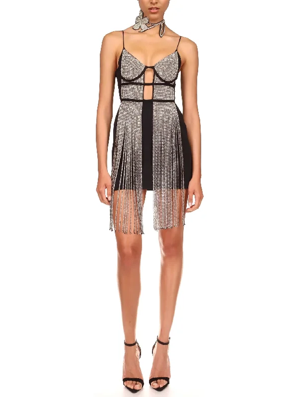 Crystal-Embellished Fringed Cady Mini Dress