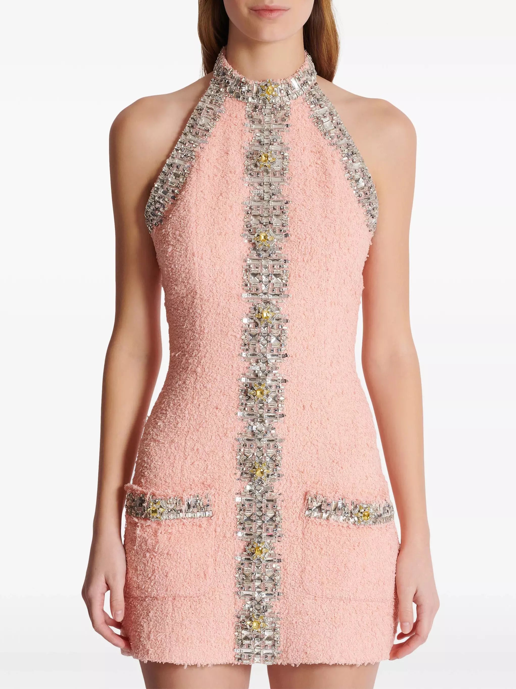 Crystal-Embellished Pink Tweed Halter Mini Dress