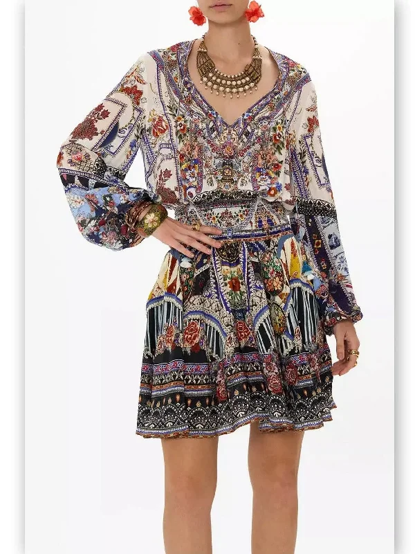 Crystal Embellished Shirred Relaxed Mini Dress with Multicolored Print