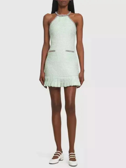 Crystal Halter-Neck Embellished Mint Green Boucle Mini Dress