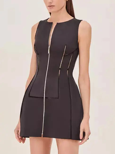 Cut-Out Structured Zip-Front Mini Dress in Black