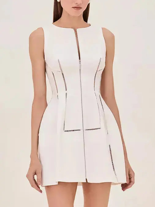 Cut-Out Structured Zip-Front Mini Dress in White