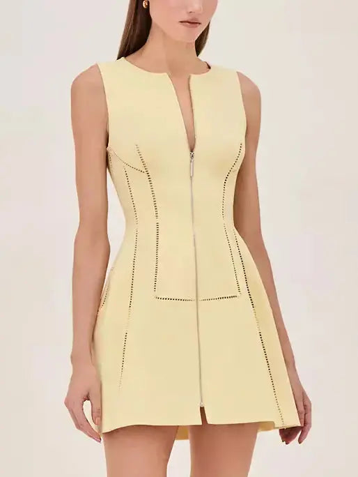 Cut-Out Structured Zip-Front Mini Dress in Yellow