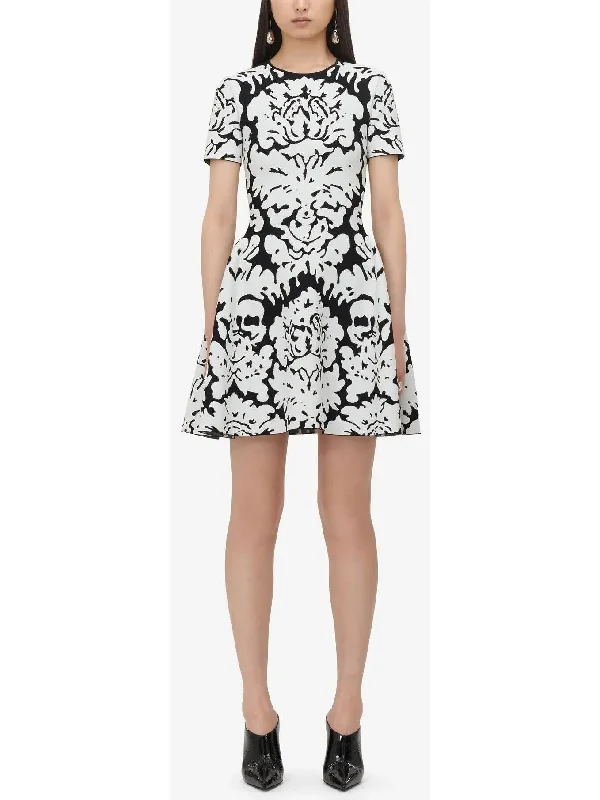 Damask Jacquard Mini Dress in Black and White