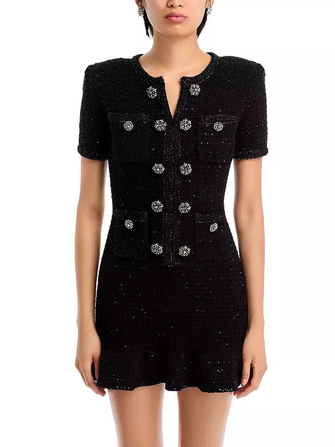 Decorative-Button-Embellished Black Tweed Mini Dress