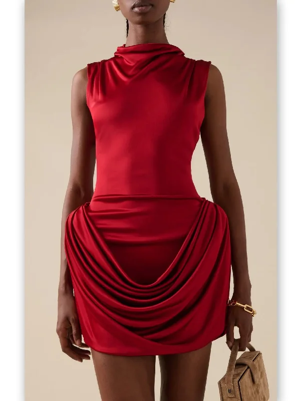 Draped Red Sleeveless Mock-Neck Mini Dress