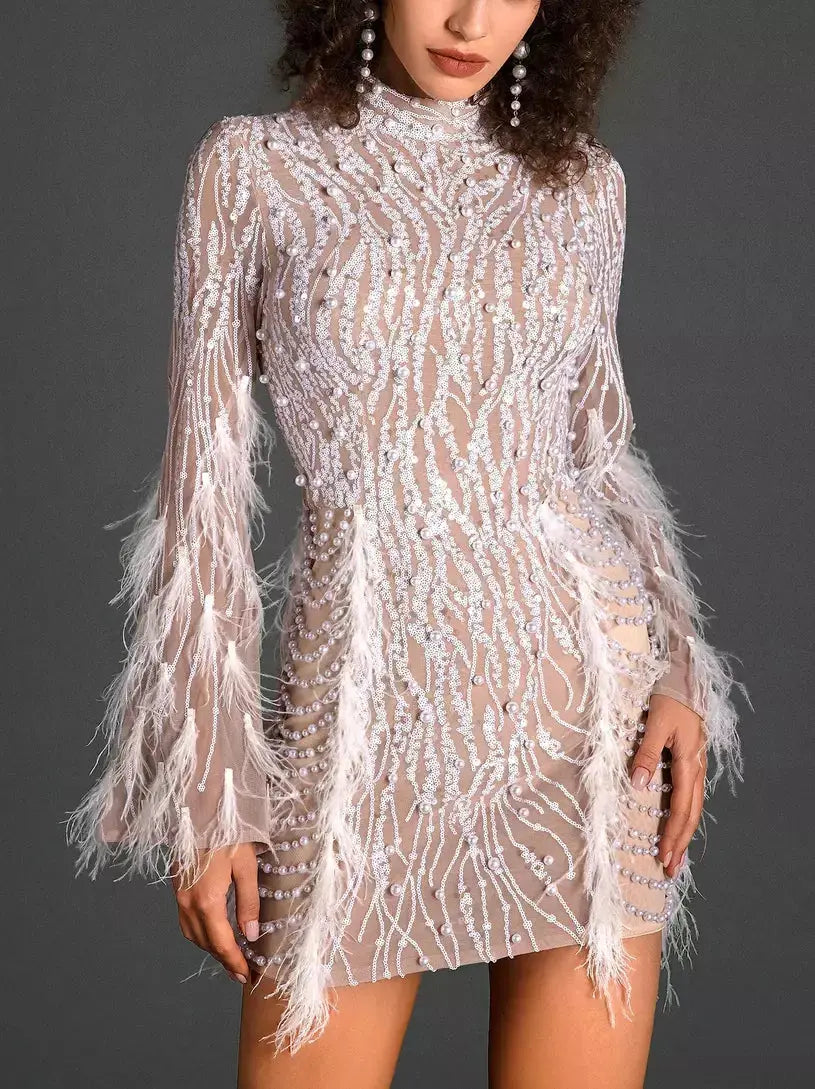 Embellished Feather-Trim Mock-Neck Mesh Mini Dress